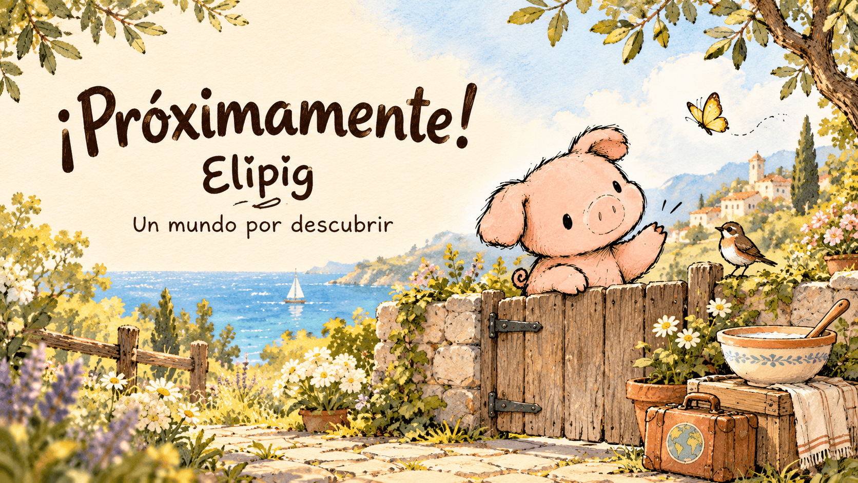 Elipig saluda a un pajarito desde una puerta de madera, entre flores y un paisaje junto al mar.